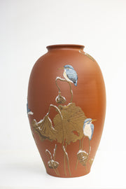 DJ Ceramic Vase-Bird and Lotus Winter Scene
