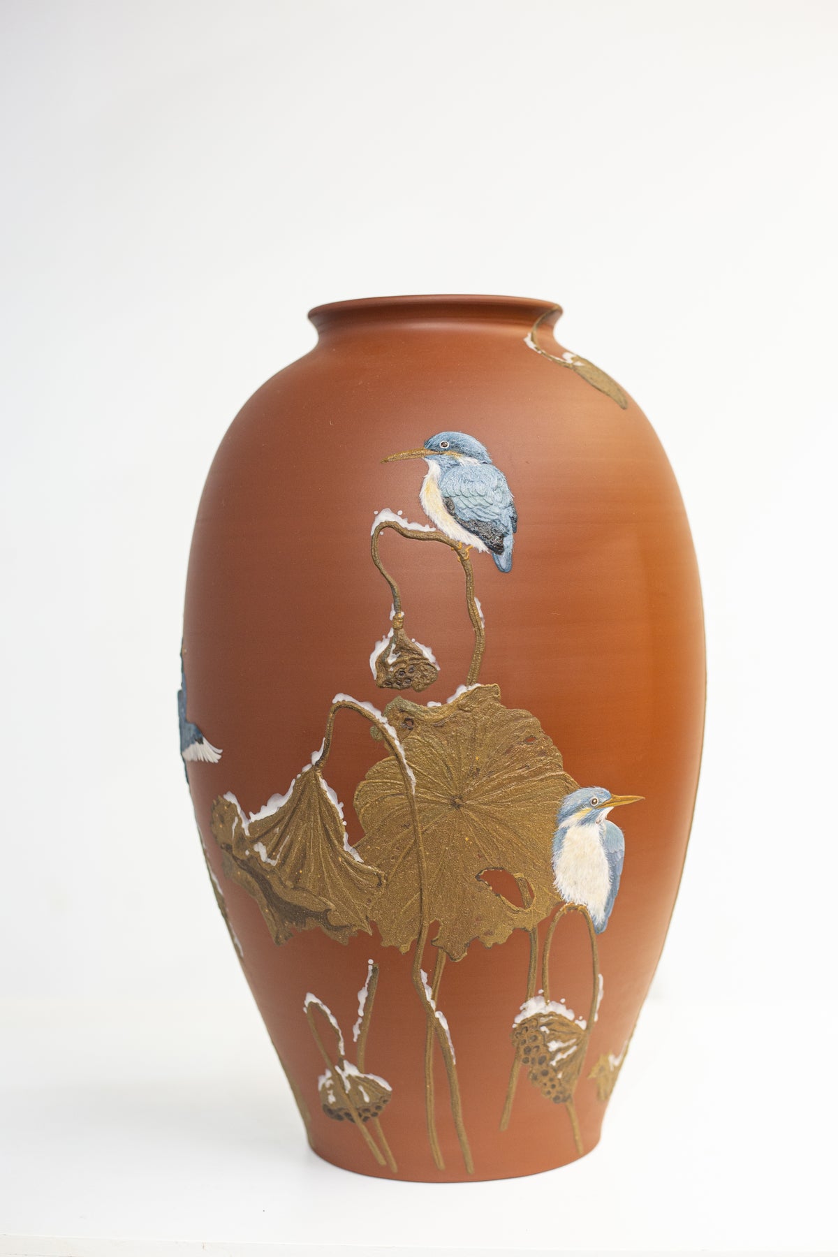 DJ Ceramic Vase-Bird and Lotus Winter Scene