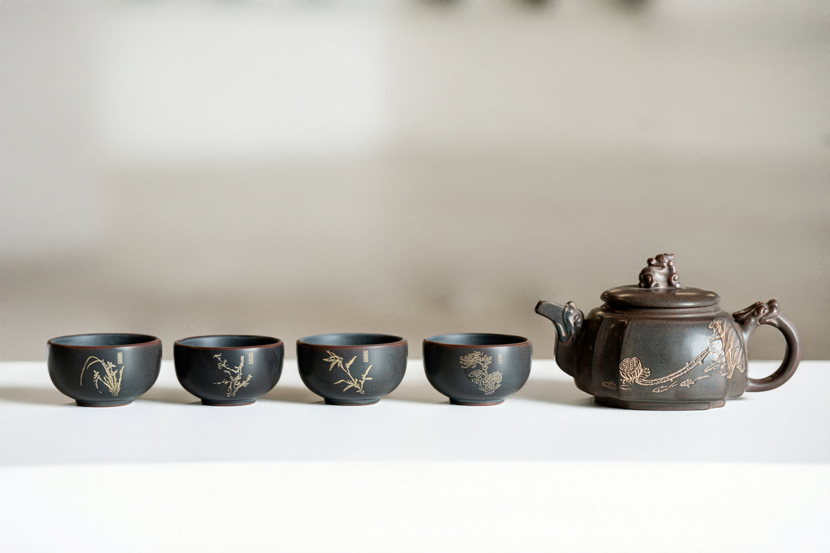 Teapot and Four-Cups Set - Bird and Lotus Blossom
