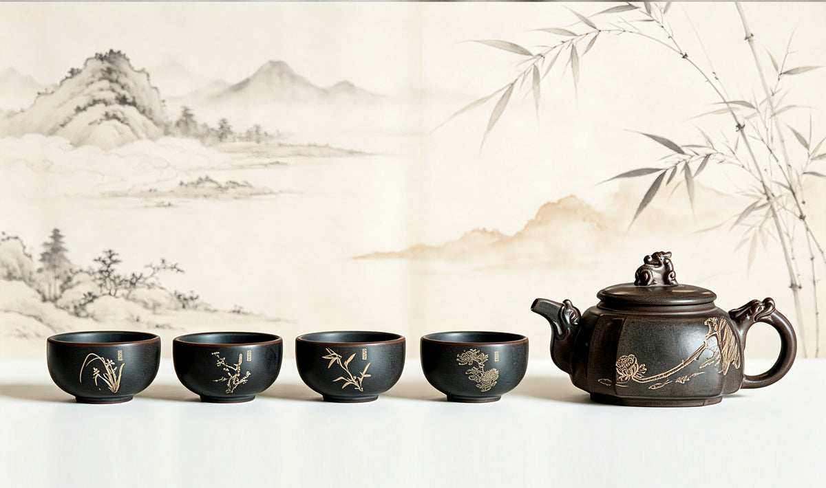 Teapot and Four-Cups Set - Bird and Lotus Blossom
