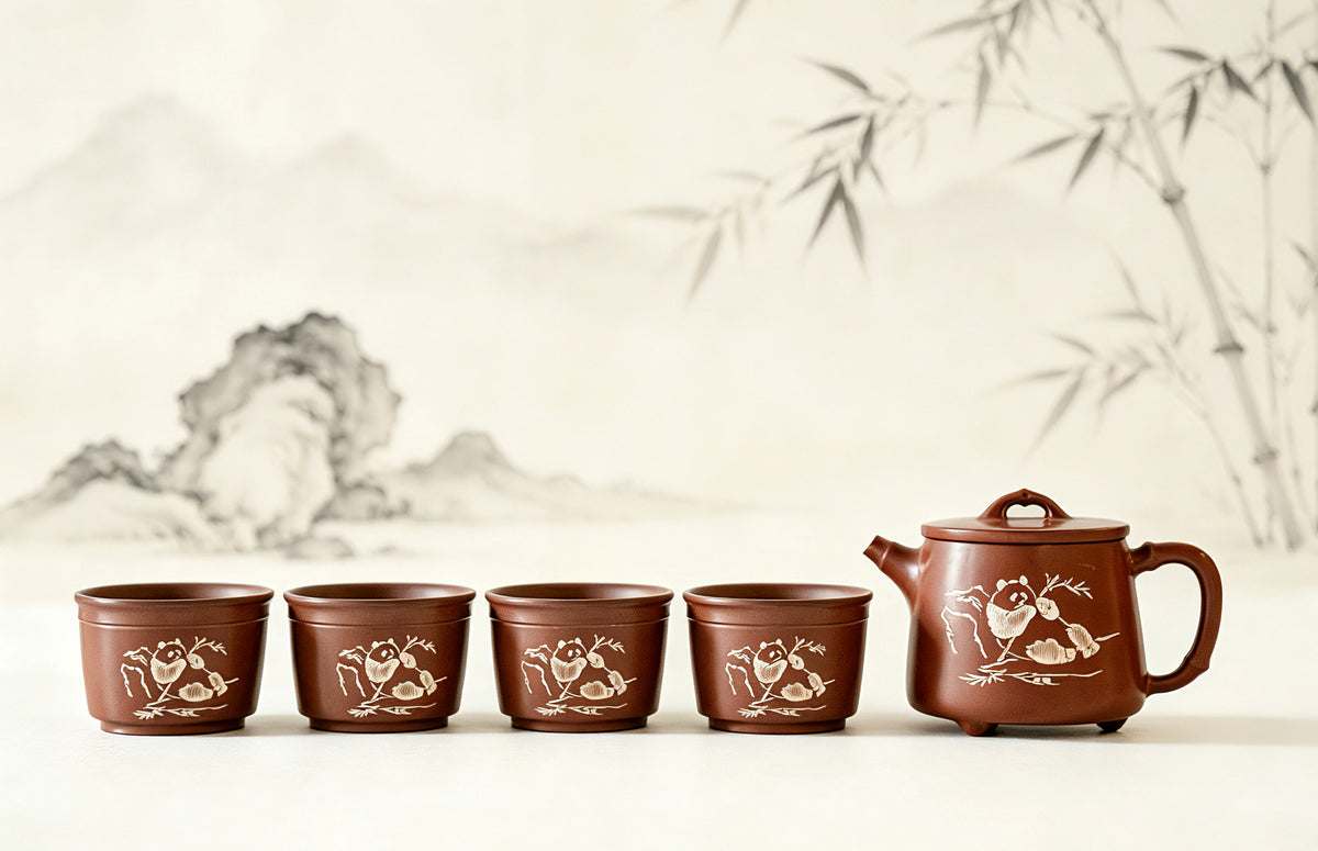Teapot and Four-Cups Set - Panda and Bamboo